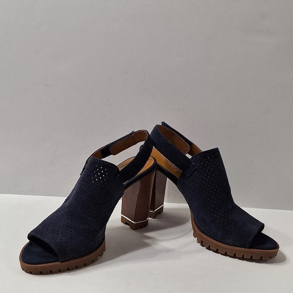 Franco Sarto Navy Blue Suede Austin Boho Slingback Platform Heel Sandals Sz 6.5